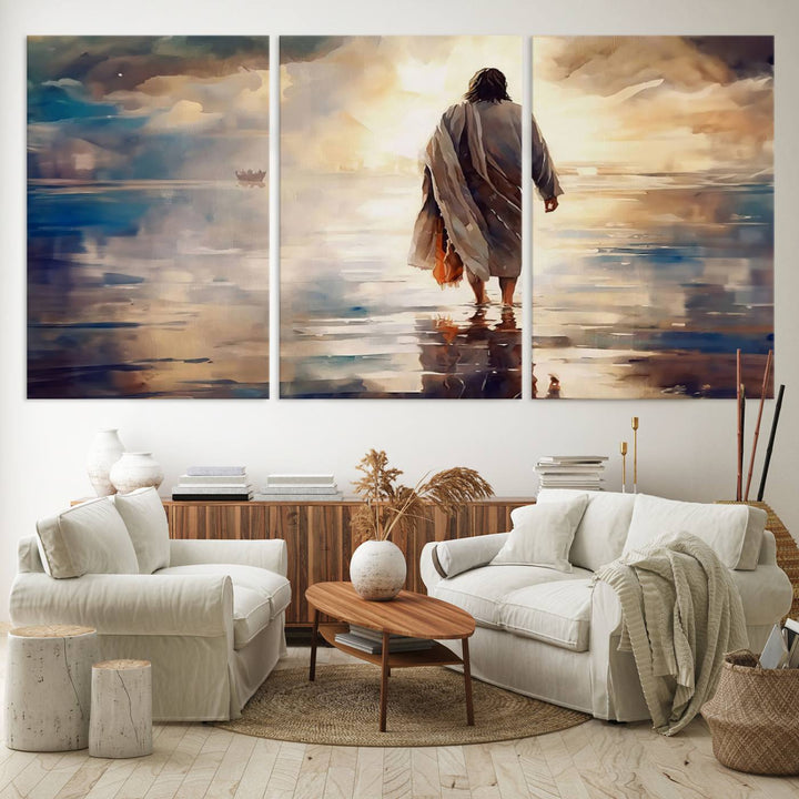 Jesus Walking on Water Wall Art | Ready to Hang Spiritual Triptych Canvas Print | Inspirational Christian Decor for Home or Church