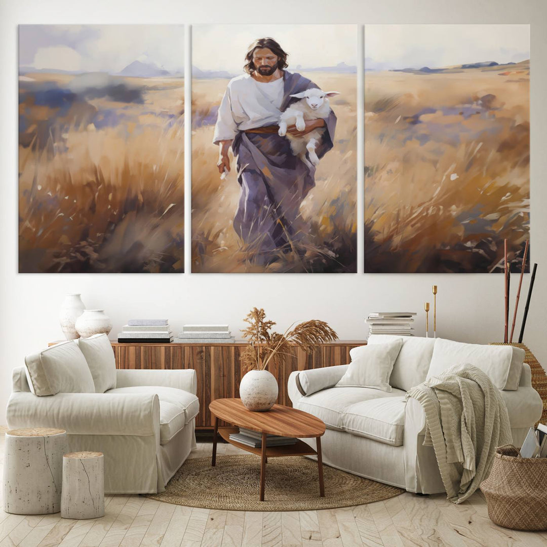 Jesus the Good Shepherd Wall Art Canvas Print - Lost Lamb  Print for Prayer Room Decor