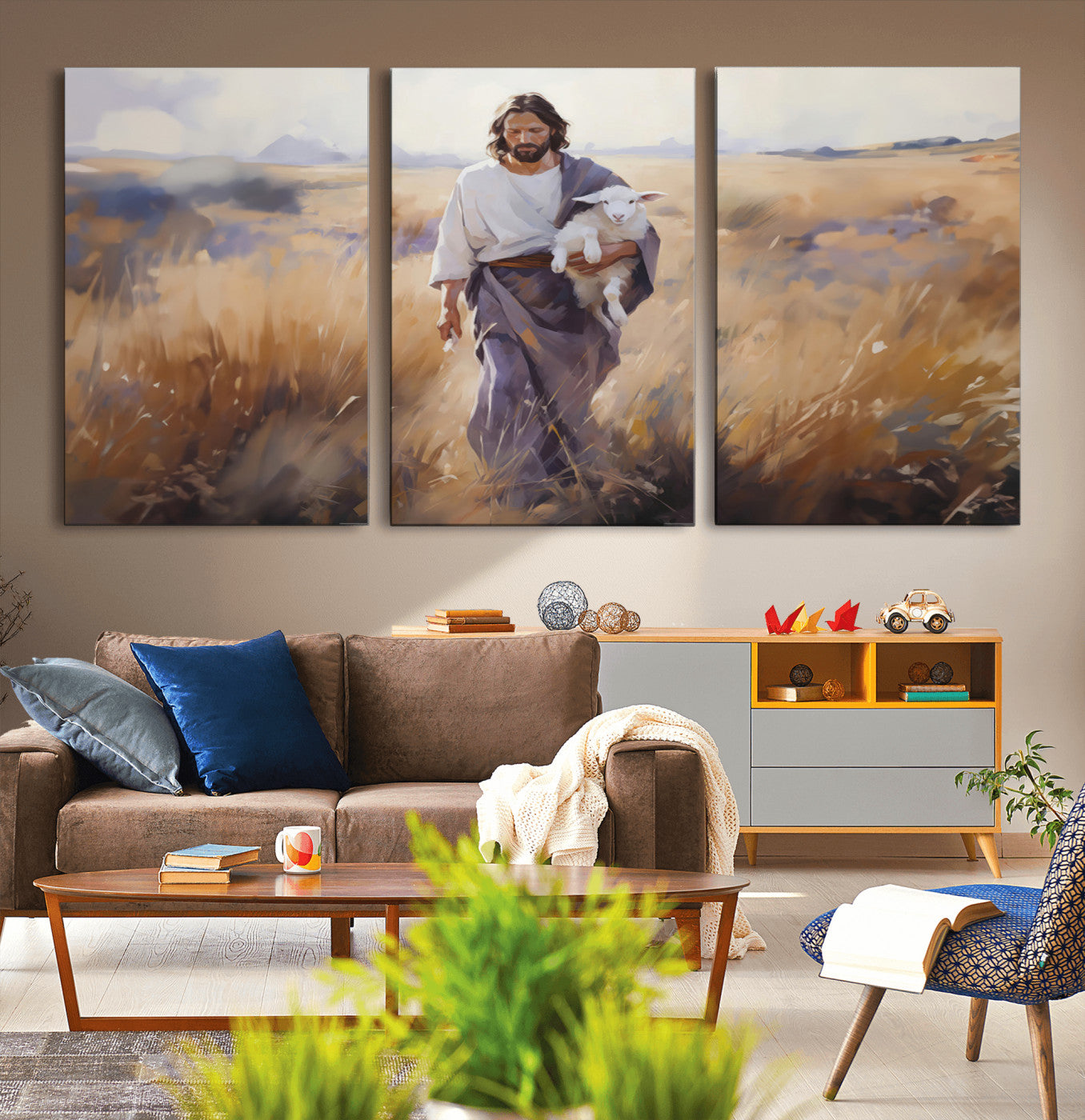 MGV-CV-60X30-3P - Jesus the Good Shepherd Wall Art Canvas Print - Lost Lamb Print for Prayer Room Decor