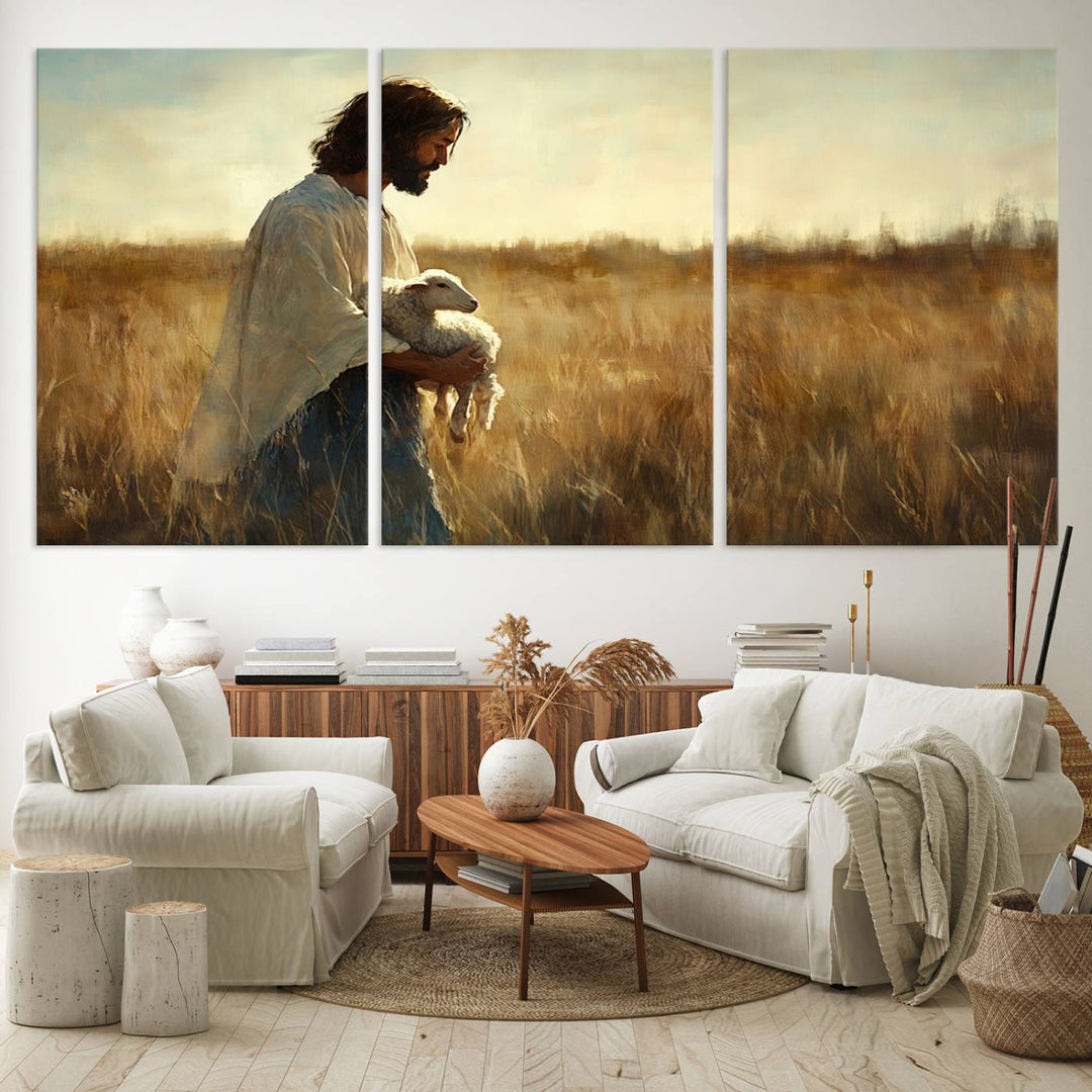 Jesus the Good Shepherd Wall Art Canvas Print - Inspirational Christian Religious Print for Prayer Room Decor