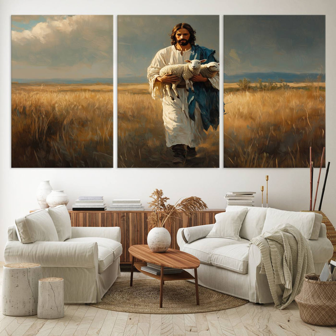 Jesus Shepherd Wall Art | Ready to Hang Triptych Canvas of Jesus Holding a Lamb in a Field | Inspirational Christian Decor for Home