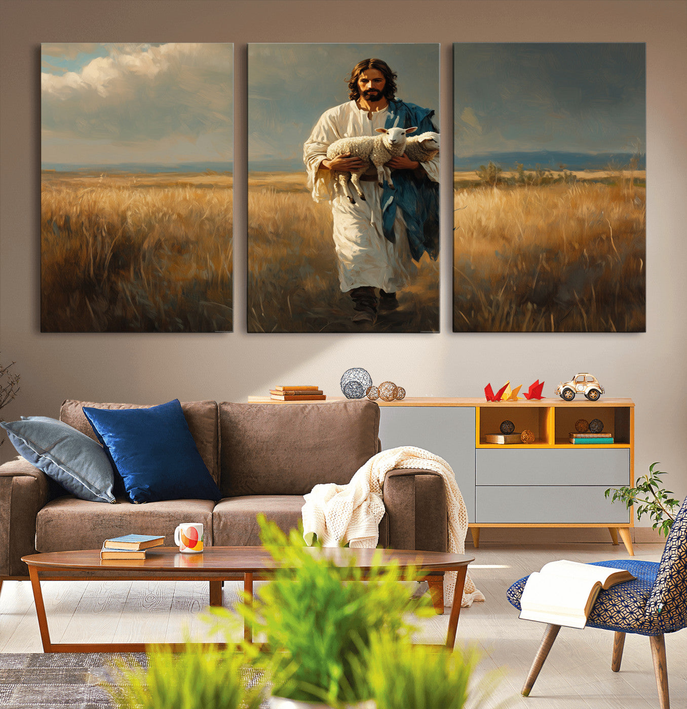 MGV-CV-60X30-3P - Jesus Shepherd Wall Art | Ready to Hang Triptych Canvas of Jesus Holding a Lamb in a Field |