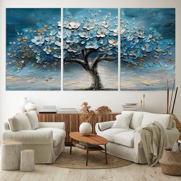 Abstract Blooming Tree Wall Art Print features blue, white, and gold textures on museum-quality canvas, perfect for modern decor.