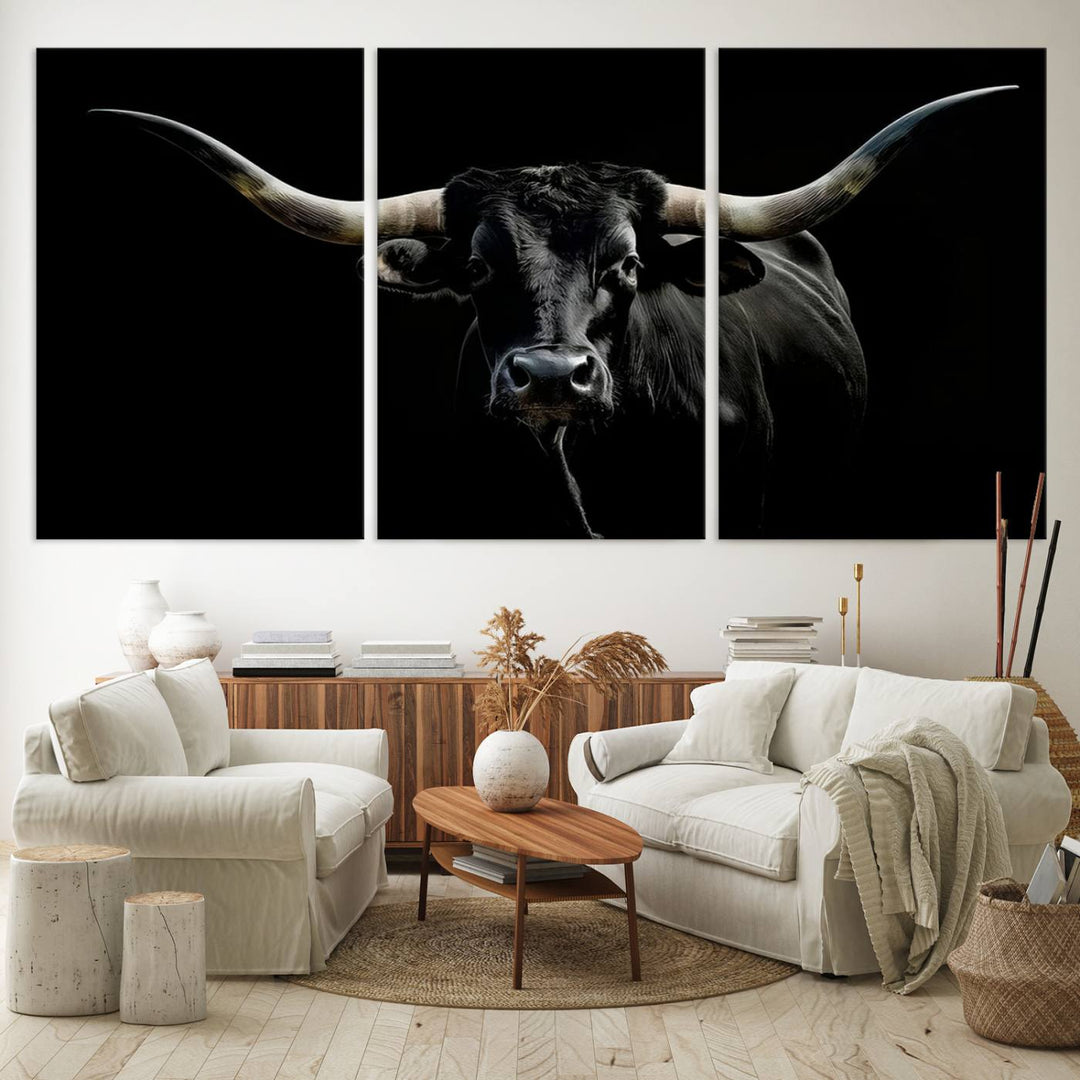 Texas Black Longhorn Bull Wall Art Canvas Print - Western Texas Cattle Rustic Decor Print - Longhorn Cow Wall Art