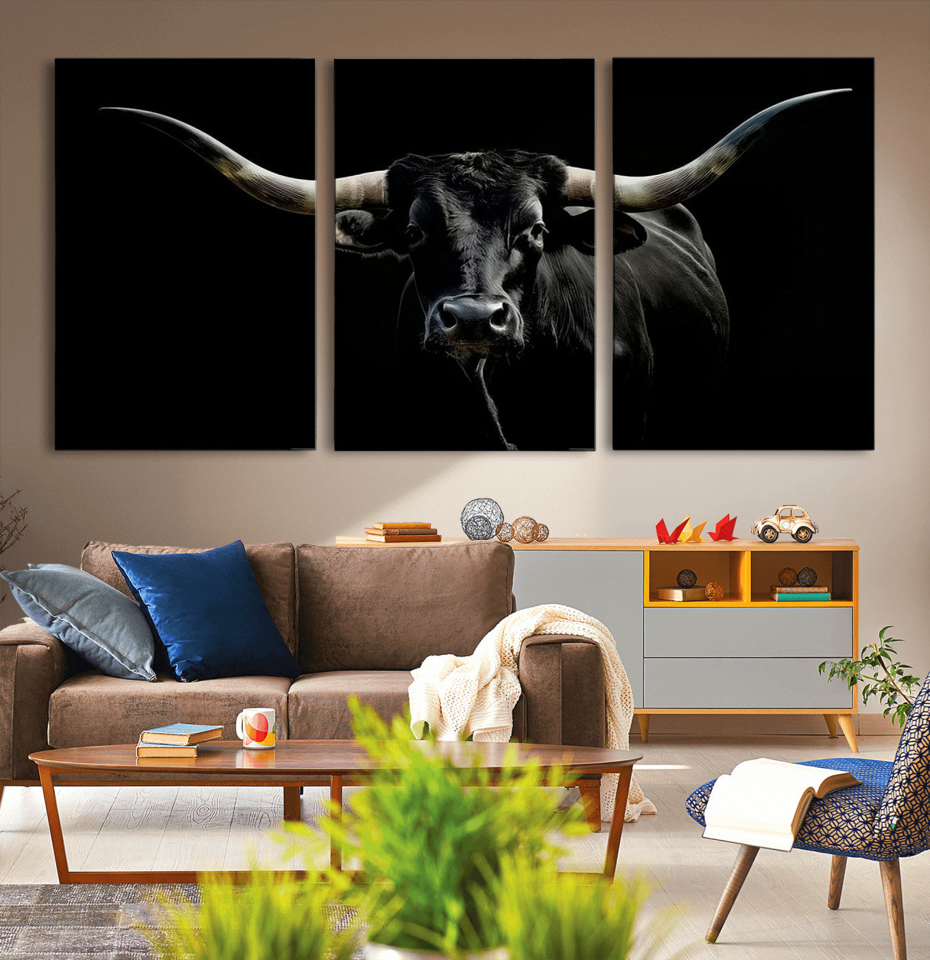 MGV-CV-60X30-3P - Texas Black Longhorn Bull Wall Art Canvas Print - Western Texas Cattle Rustic Decor Print - Longhorn