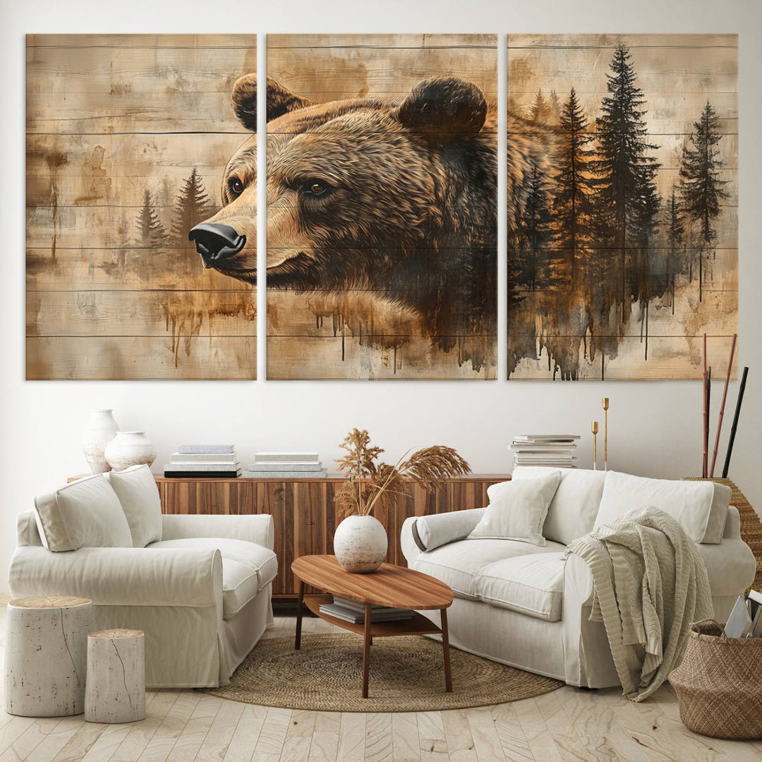 Abstract Rustic Grizzly Bear Wall Art Canvas Print - Woodland Wildlife Forest Print for Farmhouse Decor