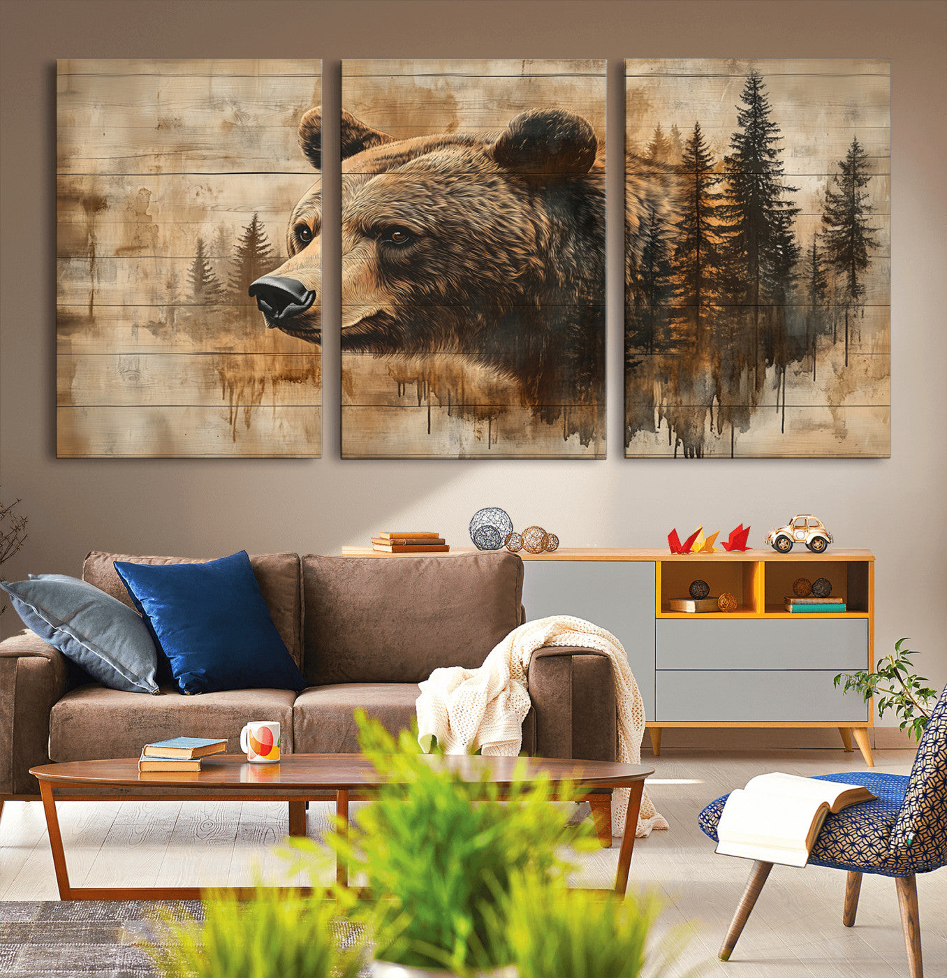 MGV-CV-60X30-3P - Rustic Grizzly Bear Wall Art, Abstract Grizzly 399 Bear Wall Art Canvas Print - Woodland Wildlife