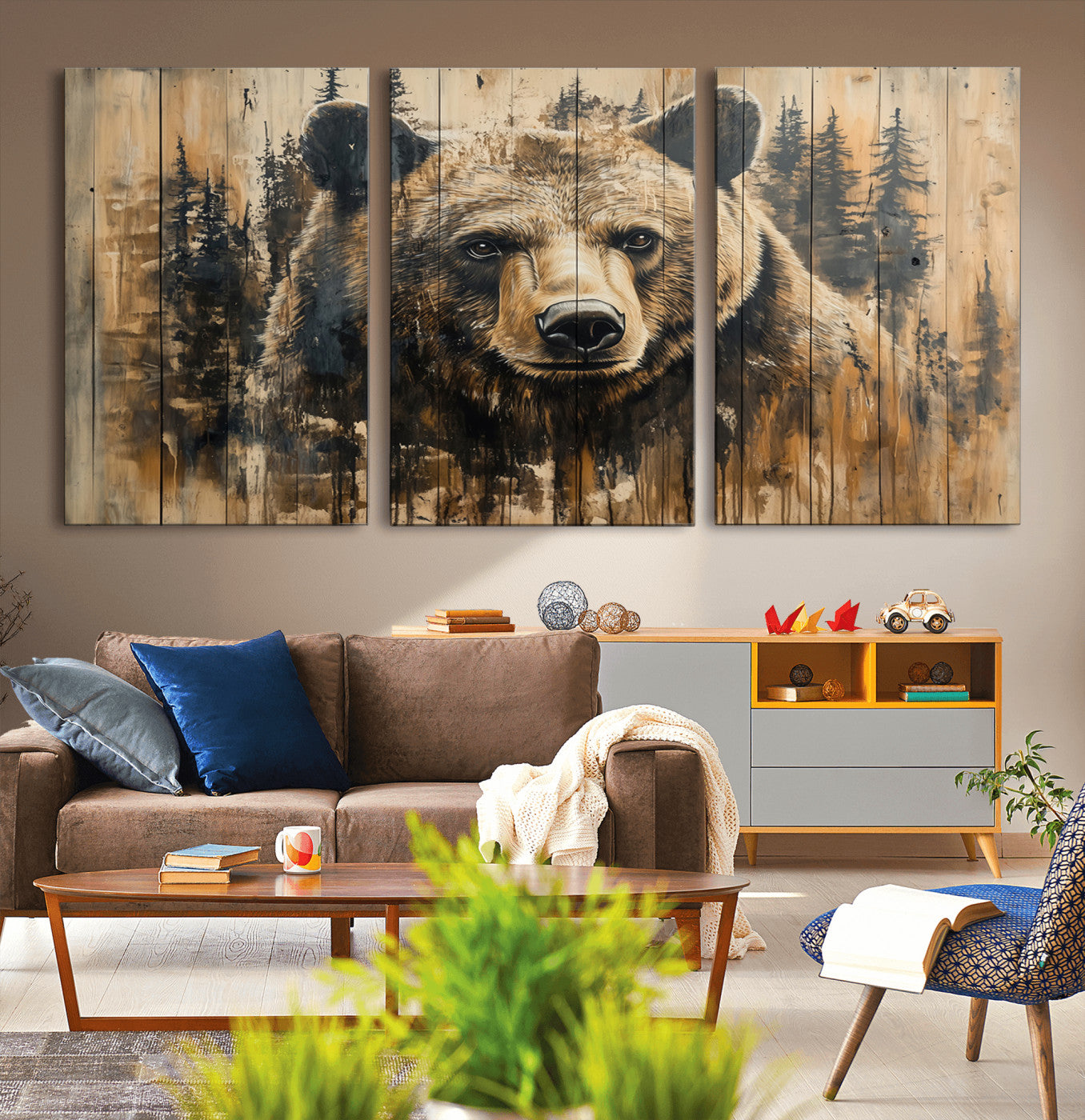 MGV-CV-60X30-3P - Majestic Grizzly 399 Bear Wall Art | 3-Panel Rustic Canvas Print for Living Room, Office, or Cabin