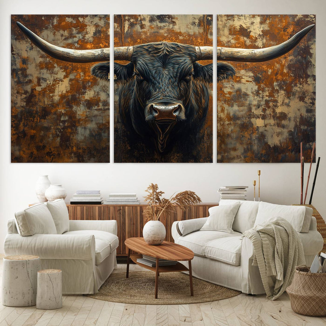 Abstract Longhorn Texas Bull Wall Art | Rustic Farmhouse Canvas Print | Ready to Hang Barn Decor for Farmhouse and Cabin Style