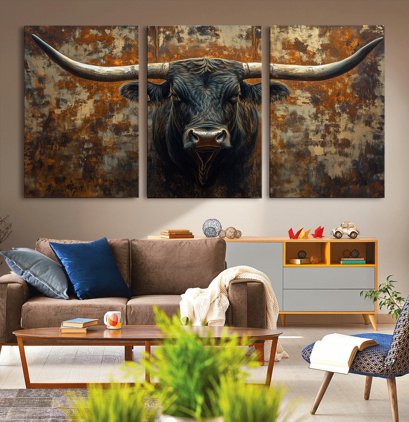 MGV-CV-60X30-3P - Longhorn Texas Cow Bull Wall Art | Rustic Farmhouse Canvas Print | Ready to Hang Barn Decor for