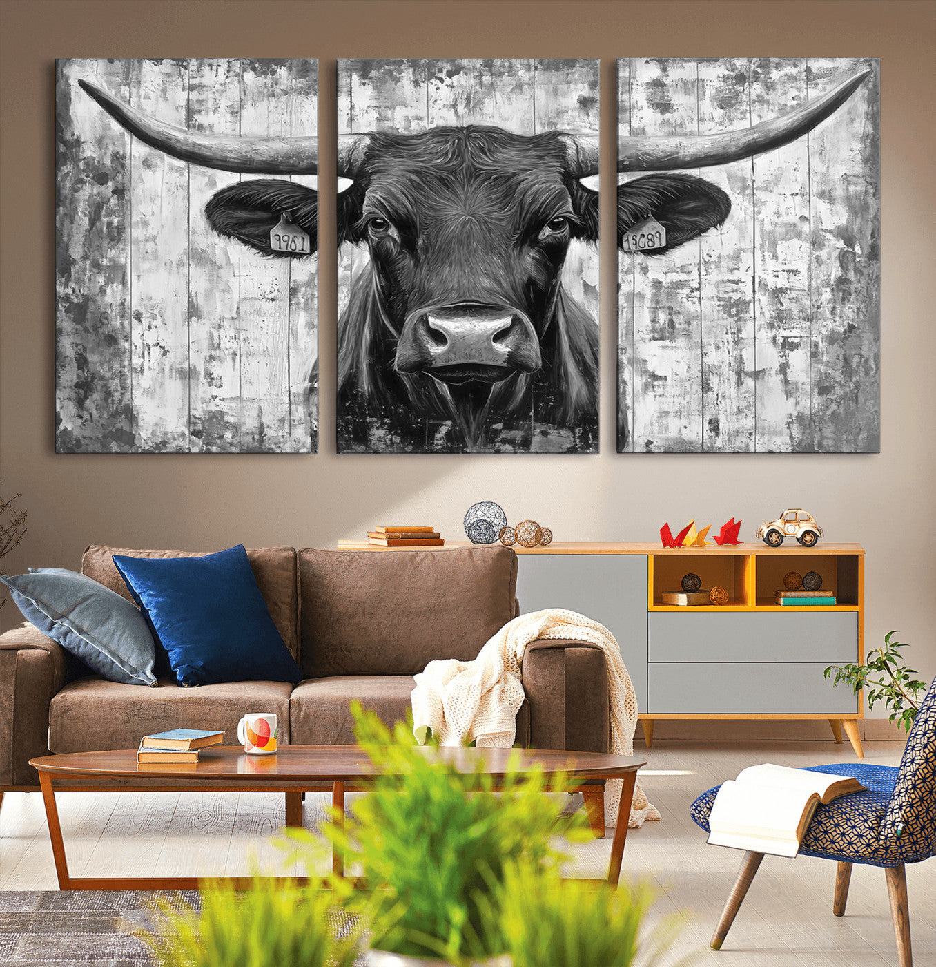 MGV-CV-60X30-3P - Abstract Longhorn Bull Wall Art Canvas Print - Rustic Texas Western Cow Artwork