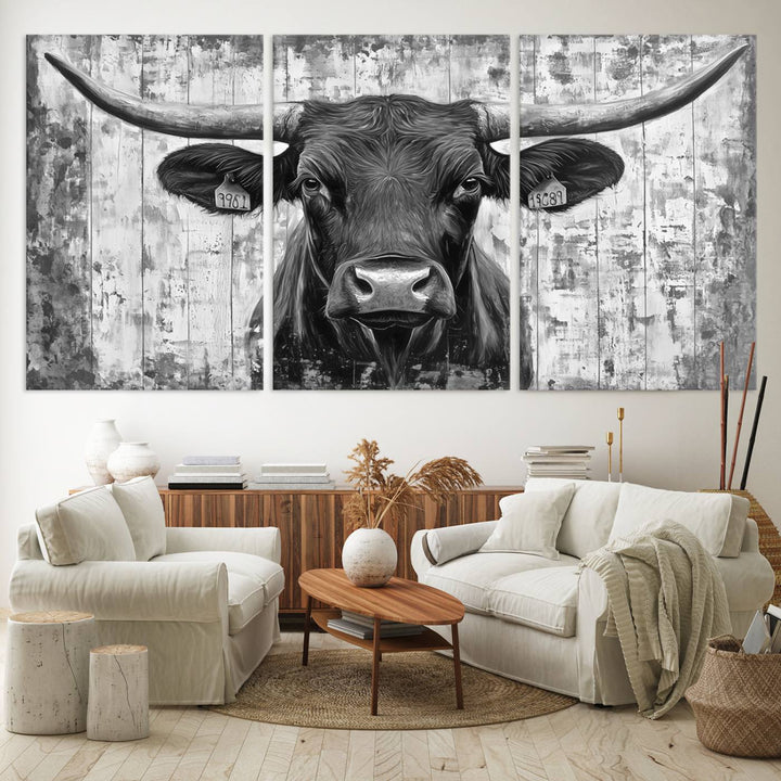 Abstract Longhorn Bull Wall Art Canvas Print - Rustic Texas Western Cow Artwork