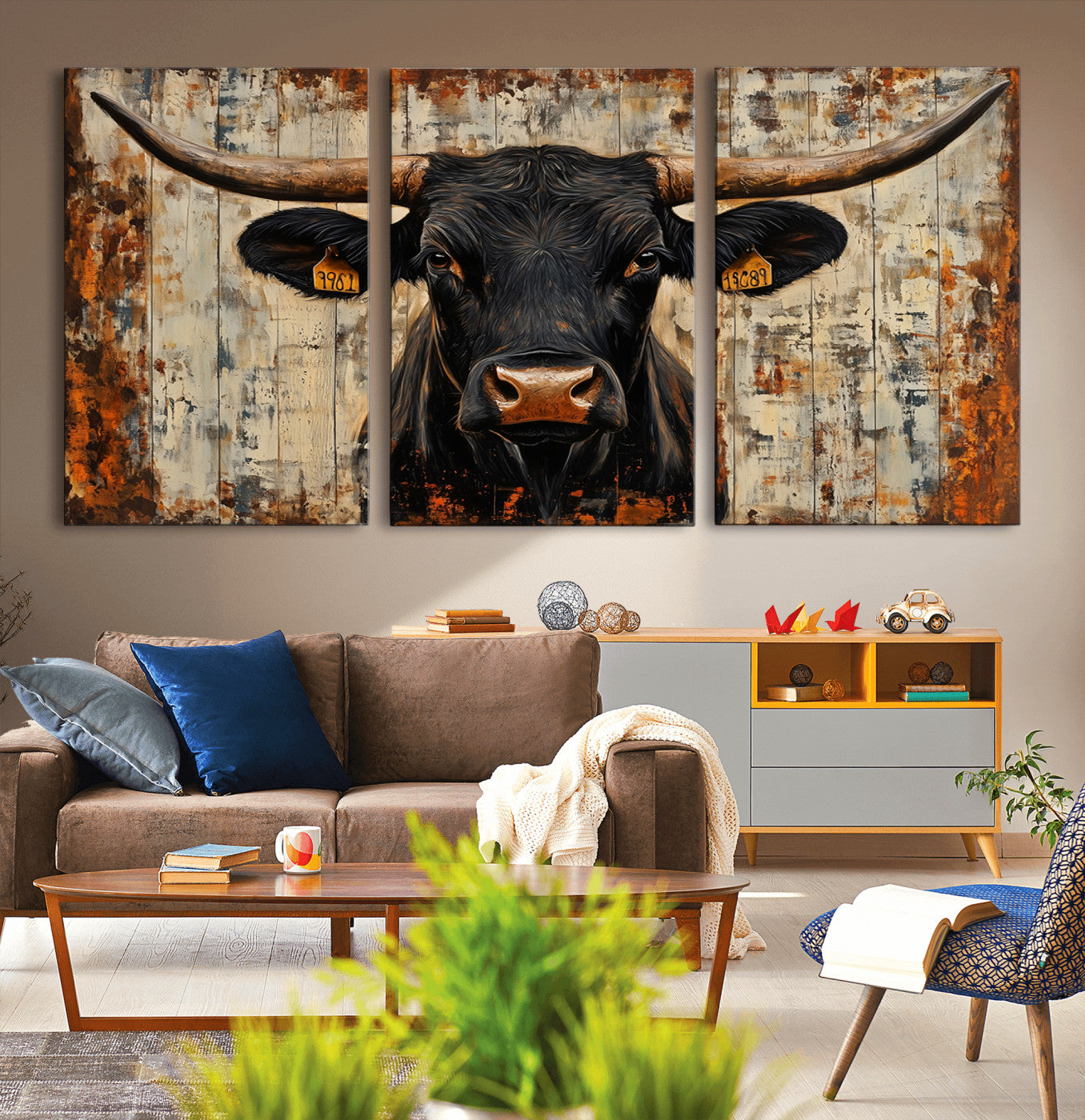 MGV-CV-60X30-3P - Rustic Texas Artwork Wall Art Canvas Print - Abstract Cow Longhorn Bull Wall Art Canvas Print