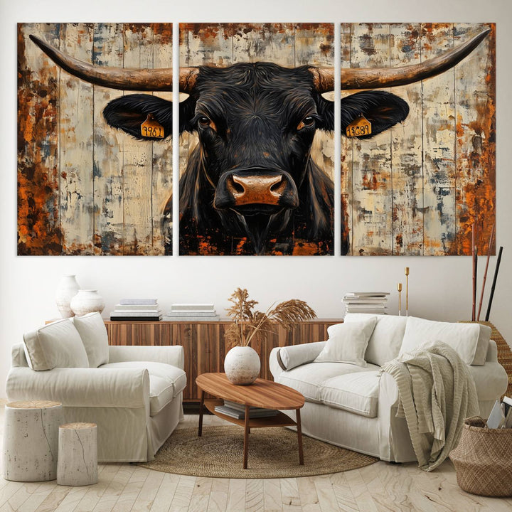 Abstract Cow Longhorn Bull Wall Art Canvas Print - Rustic Texas Western Cattle Artwork