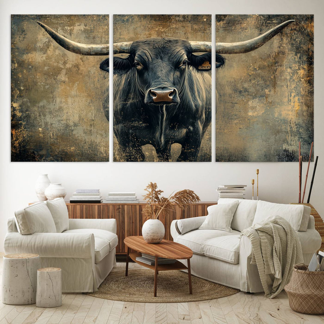 Abstract Cow Longhorn Bull Wall Art Canvas Print - Rustic Texas Western Cattle Artwork