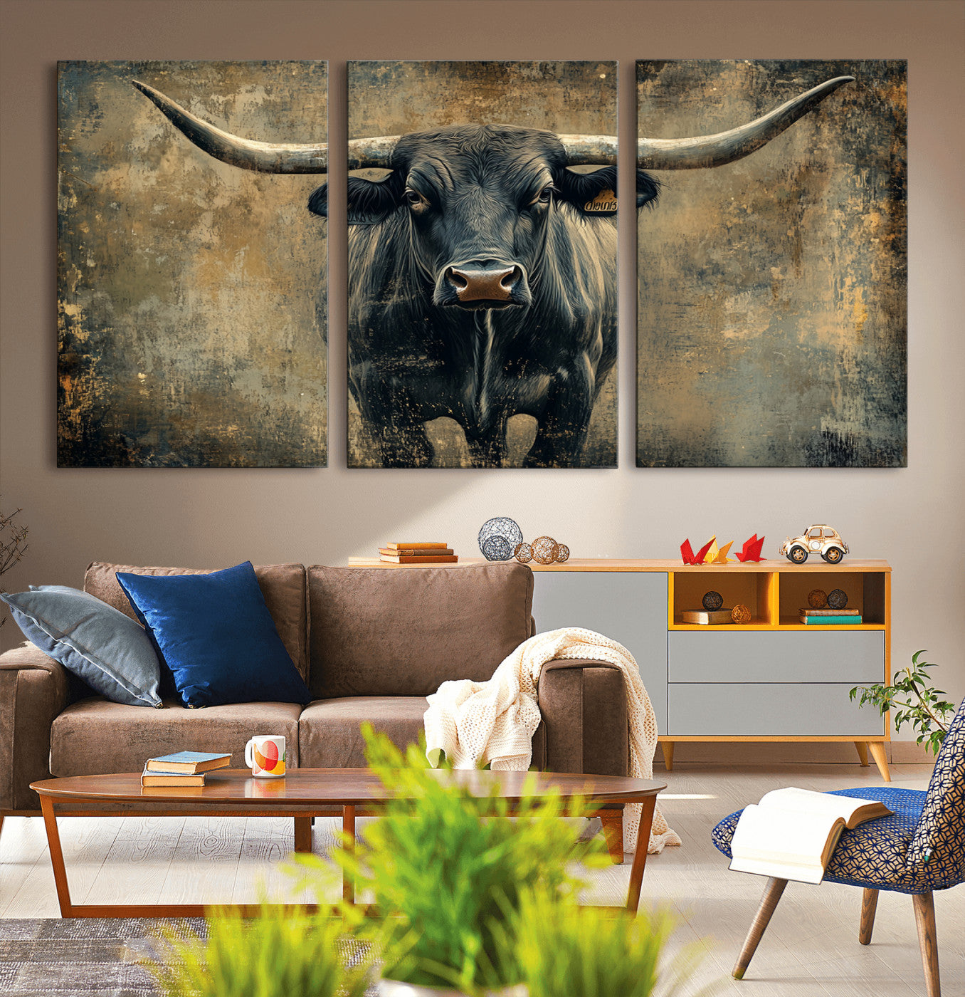 MGV-CV-60X30-3P - Longhorn Bull Wall Art Canvas Print, Framed Rustic Cow Art Picture Print, Texas Longhorn Perfect Western Decor Artwork