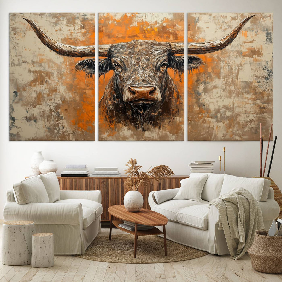 Abstract Cow Longhorn Bull Wall Art Canvas Print - Rustic Texas Western Cattle Artwork