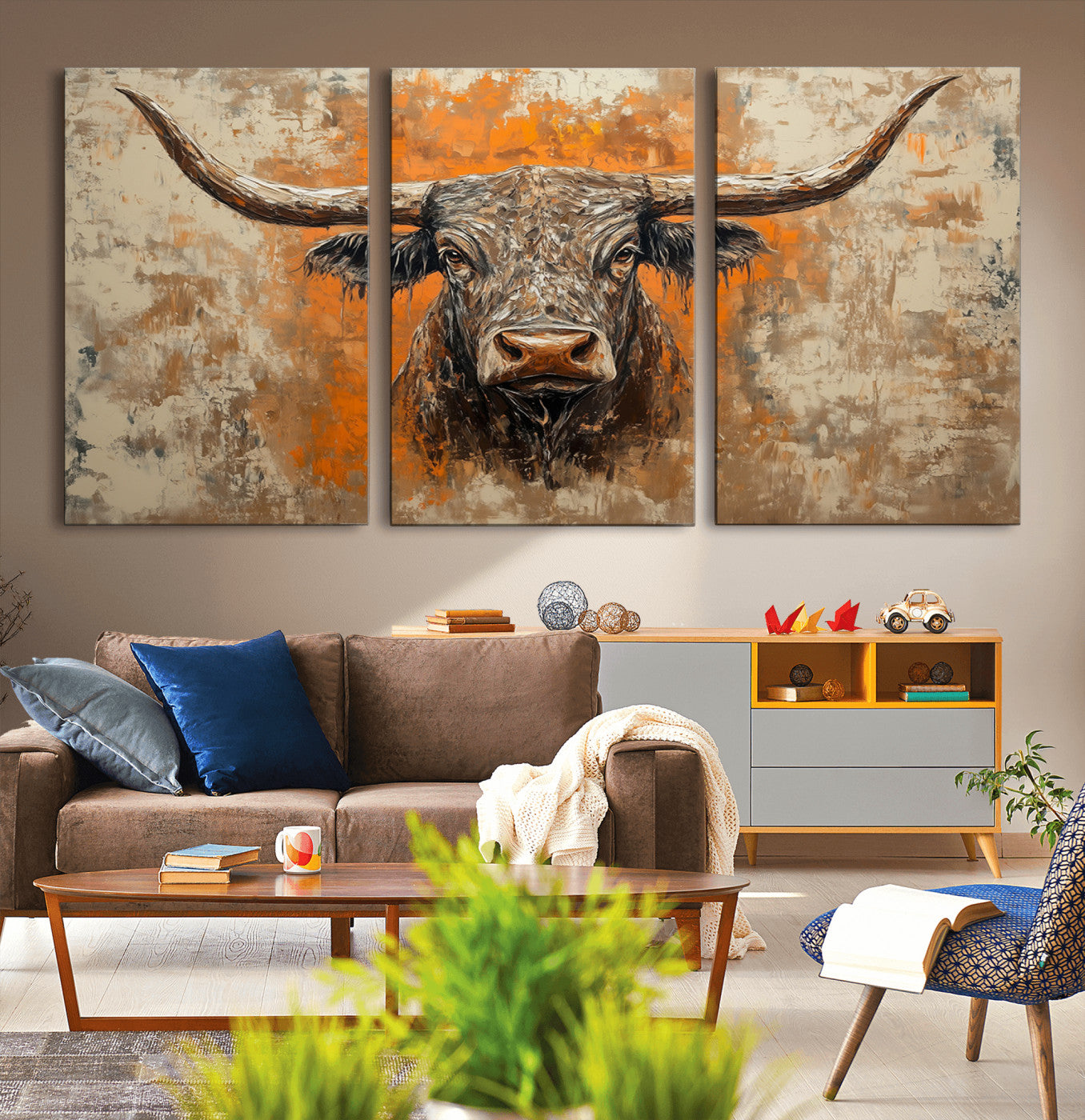 MGV-CV-60X30-3P - Abstract Cow Longhorn Bull Wall Art Canvas Print - Rustic Texas Western Cattle Artwork