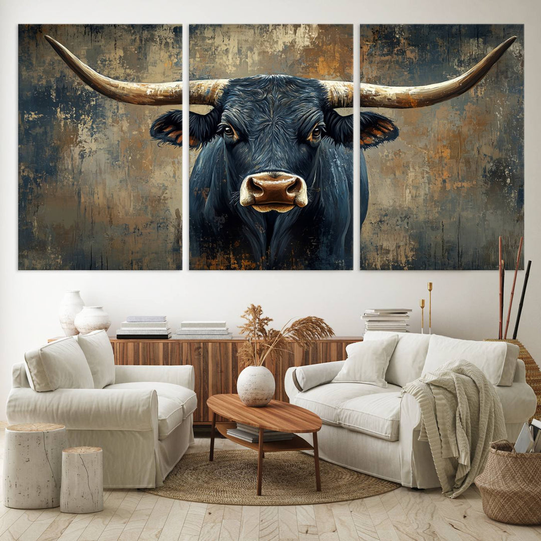 Abstract Cow Longhorn Bull Wall Art Canvas Print - Rustic Texas Western Cattle Artwork