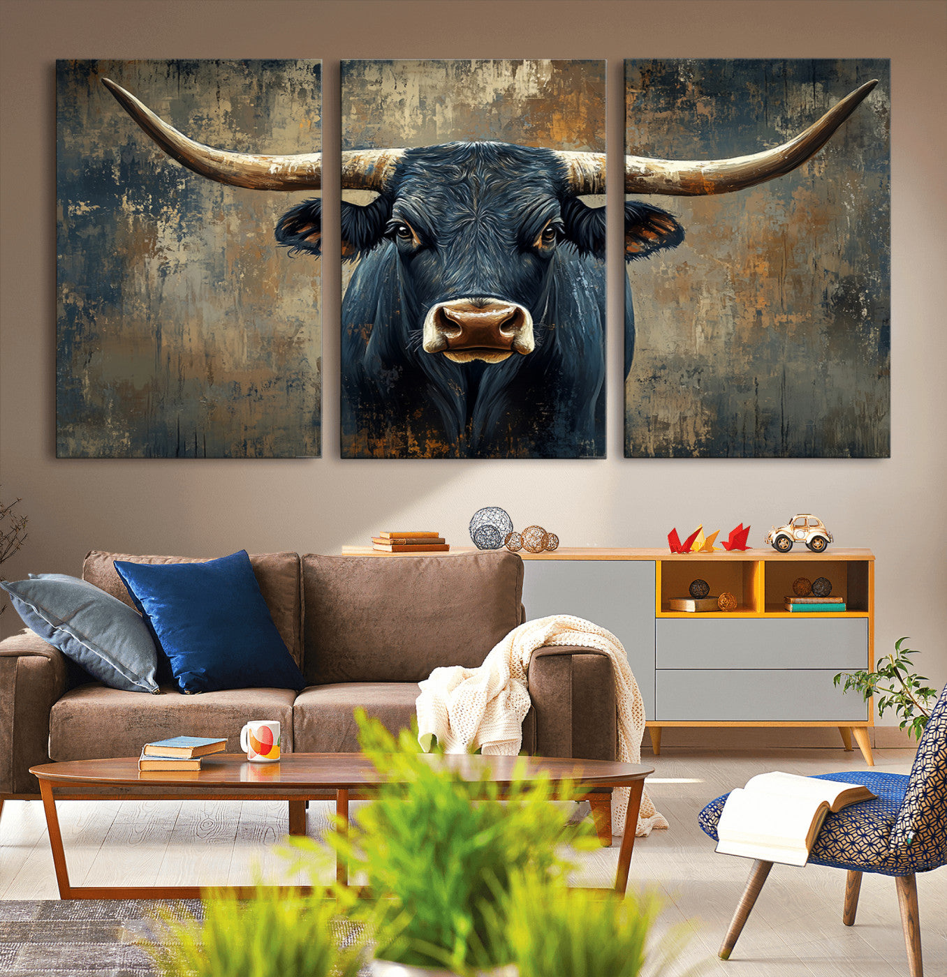 MGV-CV-60X30-3P - Texas Western Wall Art Canvas Print - Abstract Cow Longhorn Bull Wall Art Canvas Print - Rustic Cow