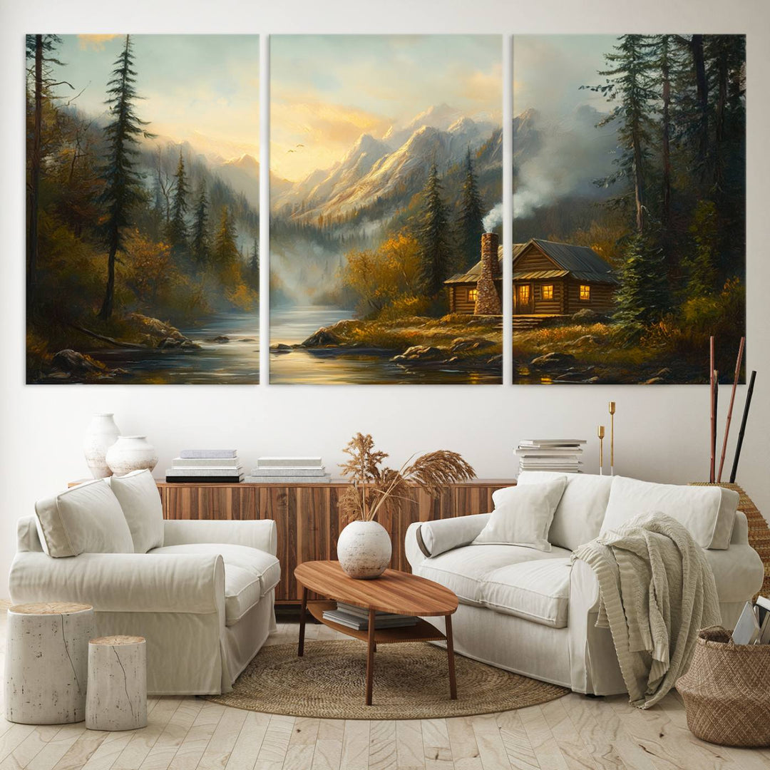 Wood Cabin Retreat Mountain at Sunset Wall Art Print - Serene Forest and River Landscape Wall Art Canvas Print