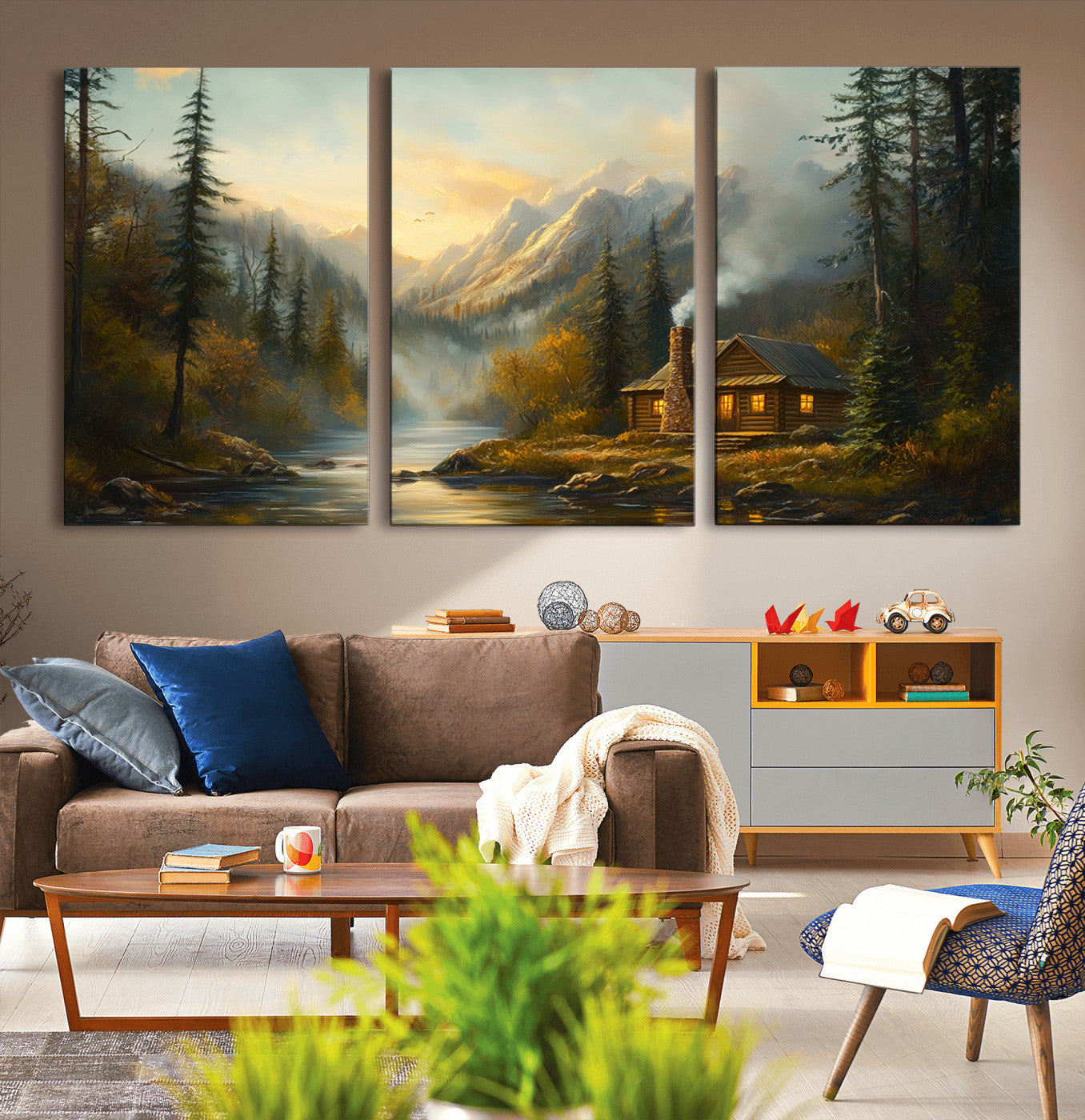 MGV-CV-60X30-3P - Wood Cabin Retreat Mountain at Sunset Wall Art Print - Serene Forest and River Landscape Wall Art