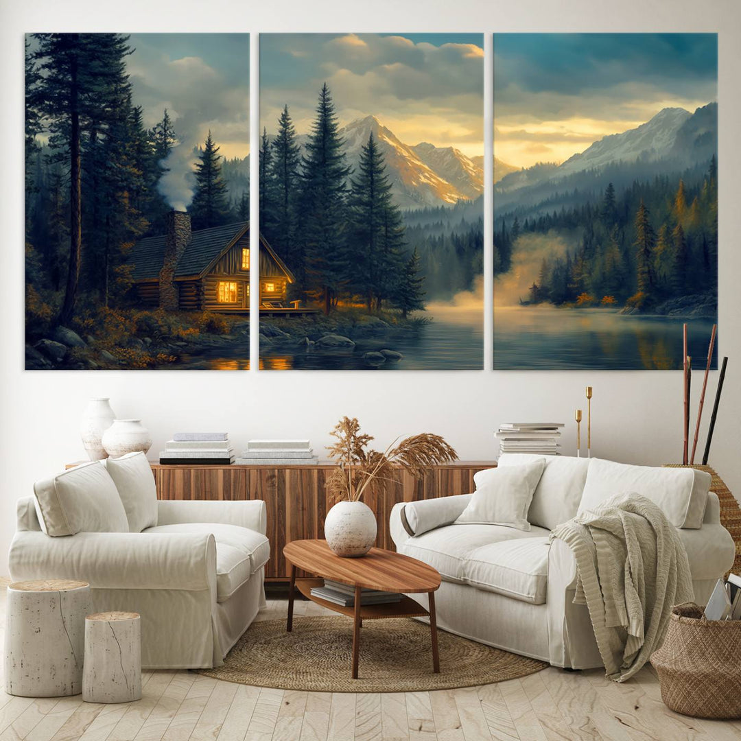 Mountain Cabin by the Lake at Sunset Wall Art - Serene Nature Canvas Print for Living Room Decor, Rustic Lodge Ambiance, 3-Panel Large Wall Art