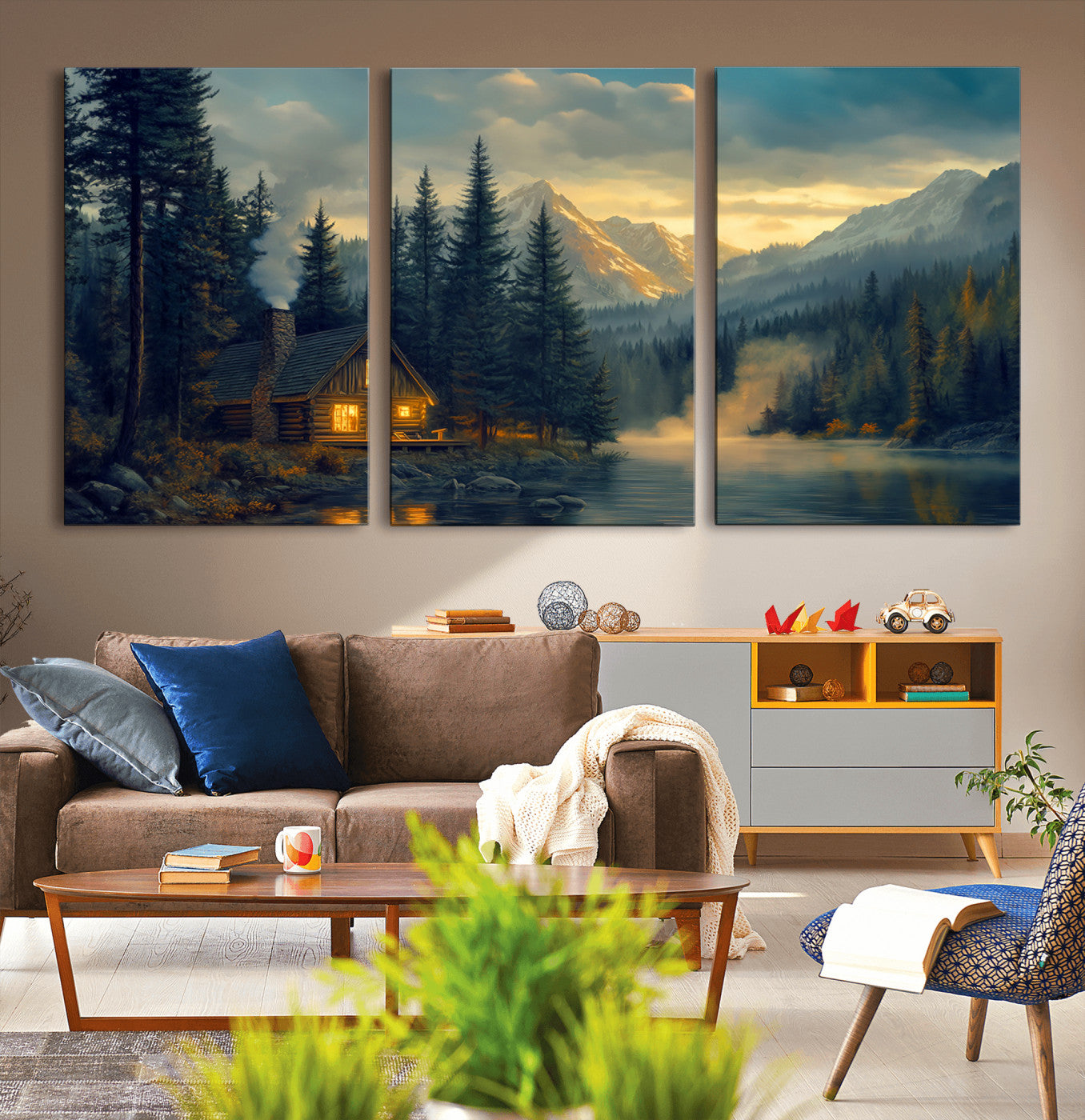 MGV-CV-60X30-3P - Mountain Cabin by the Lake at Sunset Wall Art - Serene Nature Canvas Print for Living Room Decor,