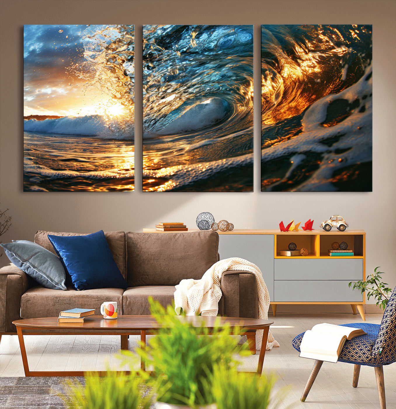 MGV-CV-60X30-3P - Ocean Wave at Sunset Canvas Wall Art – Vibrant Coastal Beach Waves Print, Large Nautical Decor,