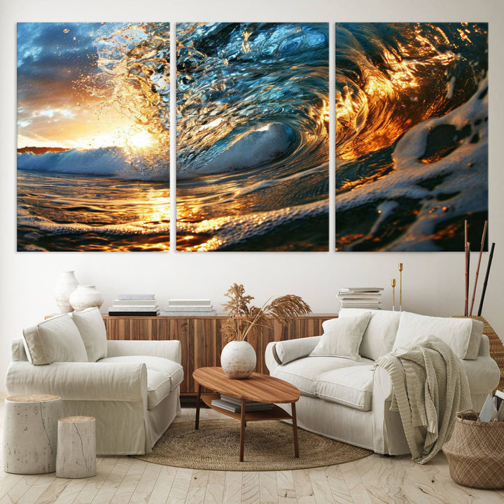 Ocean Wave at Sunset Wall Art | Ready to Hang Triptych Canvas Print | Coastal Wall Art for Living Room | Nautical and Beach House Decor