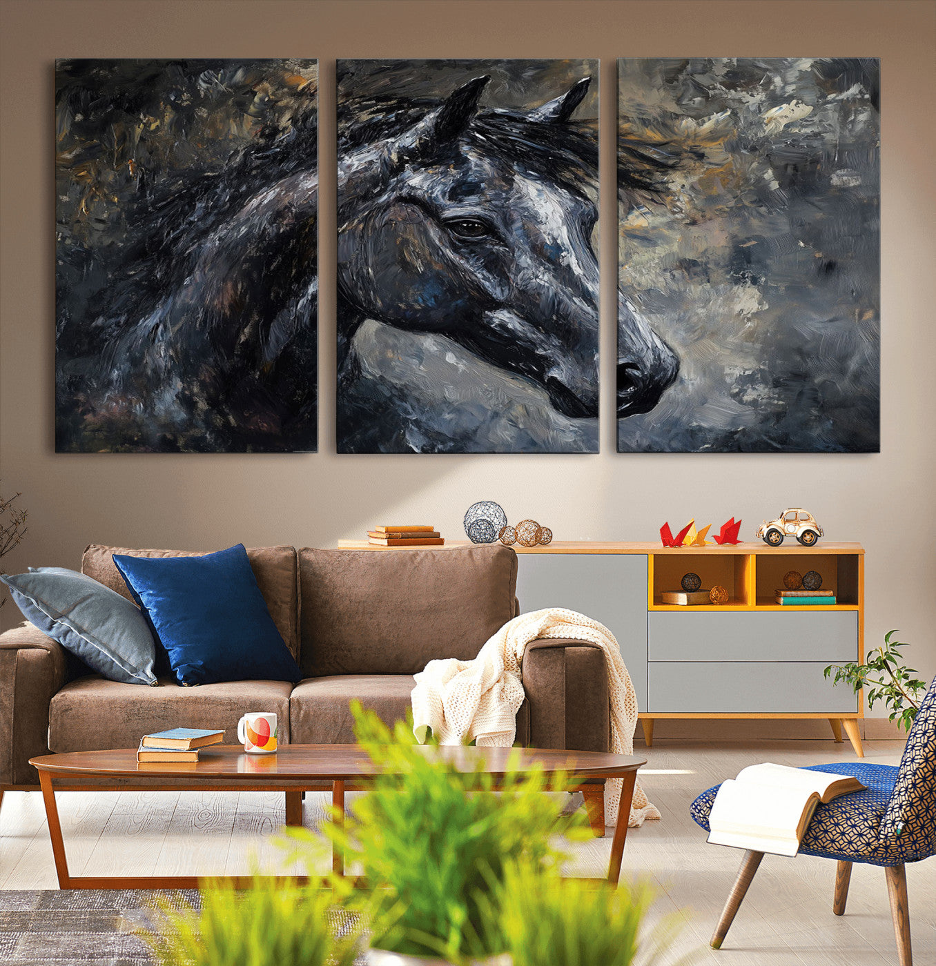 MGV-CV-60X30-3P - Large Abstract Horse Wall Art Canvas Print | Farmhouse Wall Decor | Rustic Horse Art | Western Cabin