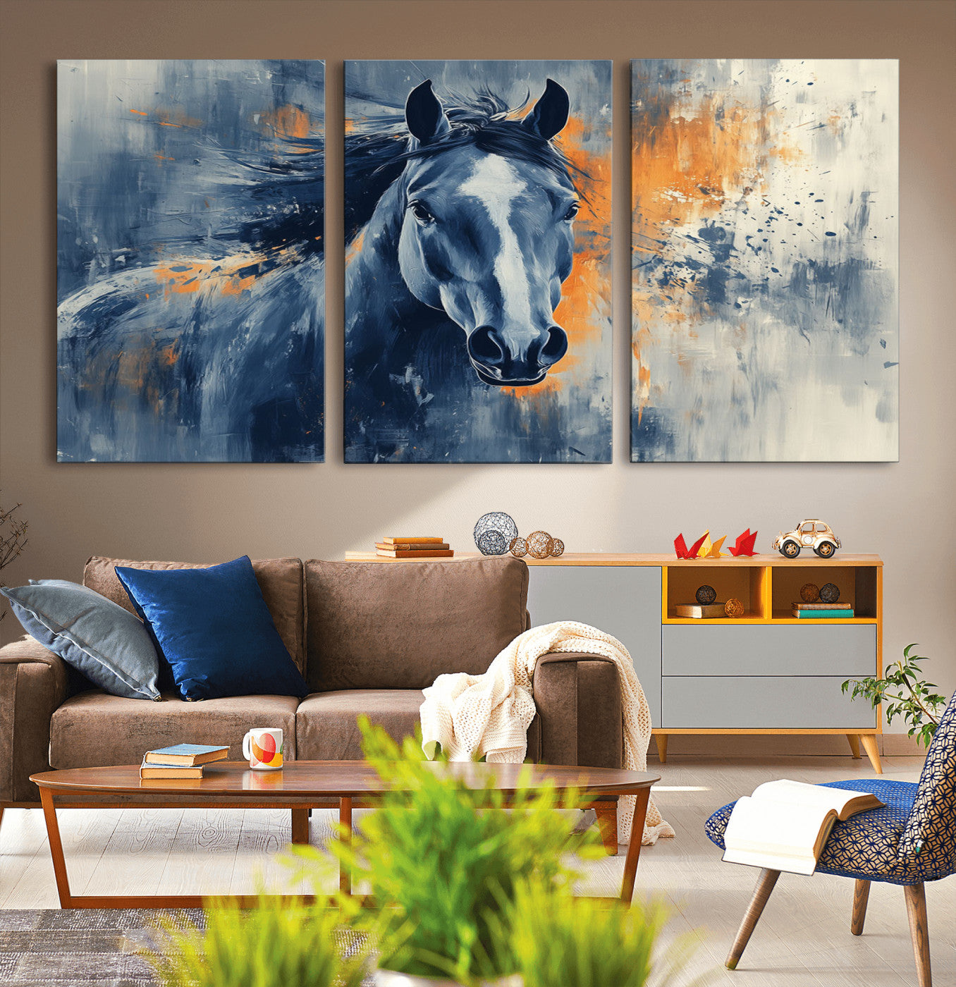 MGV-CV-60X30-3P - Abstract Blue Horse Wall Art Print Canvas | Horse Wall Art Print | Western Decor for Farmhouse |