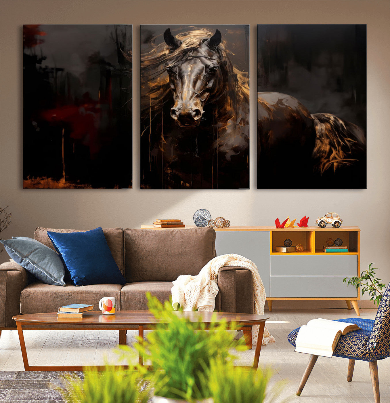 MGV-CV-60X30-3P - Abstract Black Horse Canvas Print for Farmhouse Wall Art | Abstract Equine Wall Art | Western Decor
