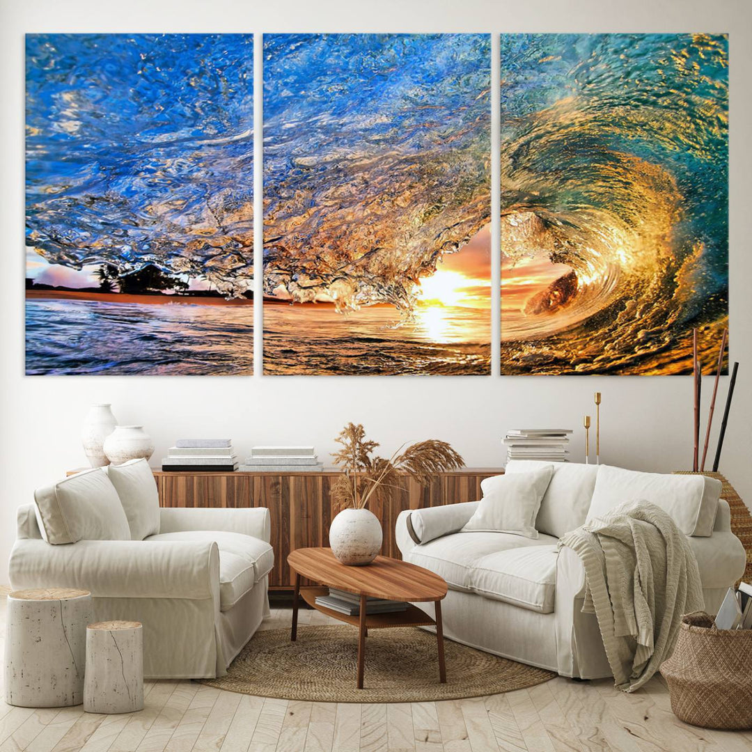 Ocean Wave at Sunset Canvas Print | Large Coastal Ocean Wall Art Print | Vibrant Beach Waves Art Print | Surf Lover Gift | Nautical Decor