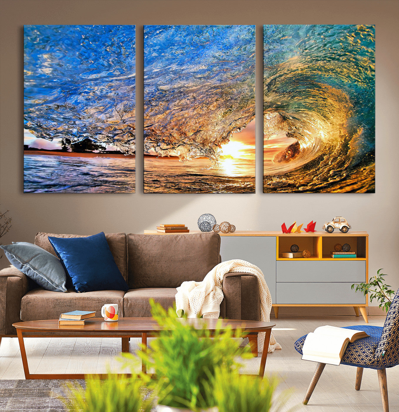 MGV-CV-60X30-3P - Ocean Wave at Sunset Canvas Wall Art – Vibrant Coastal Beach Waves Print, Large Nautical Decor,