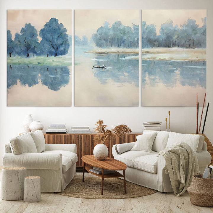 Landscape Printing Lake and Boat Scene | Serene Landscape Wall Art for Nature Lovers | Ready to Hang Triptych Canvas Print | Peaceful Blue Trees and Water Reflection Decor