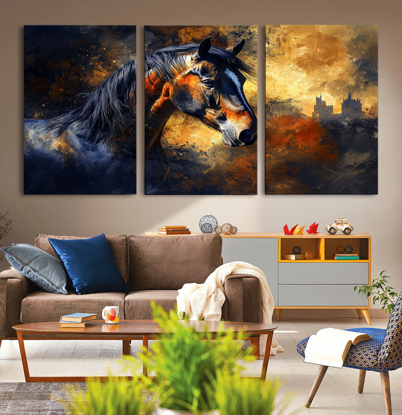 MGV-CV-60X30-3P - Abstract Horse Art Print - Abstract Canvas Wall Art | Perfect for Rustic Farmhouse, Modern, or