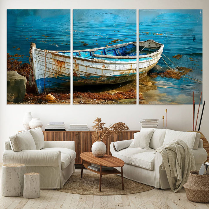 Vintage Boat on Tranquil Waters | Coastal Wall Art for Nautical Decor | Rustic Triptych Canvas Print | Beach House Art for Coastal Home Decor