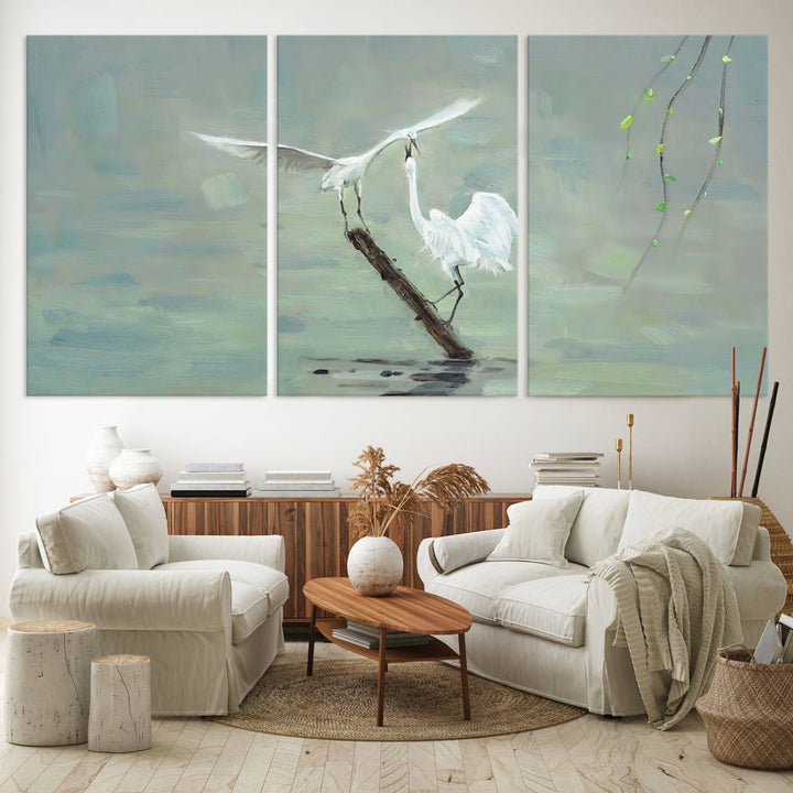 Elegant White Herons on Calm Waters | Coastal Wall Art for Nature-Inspired Decor | Serene Triptych Canvas Print | Ready to Hang Bird-Themed Art for Home Decor