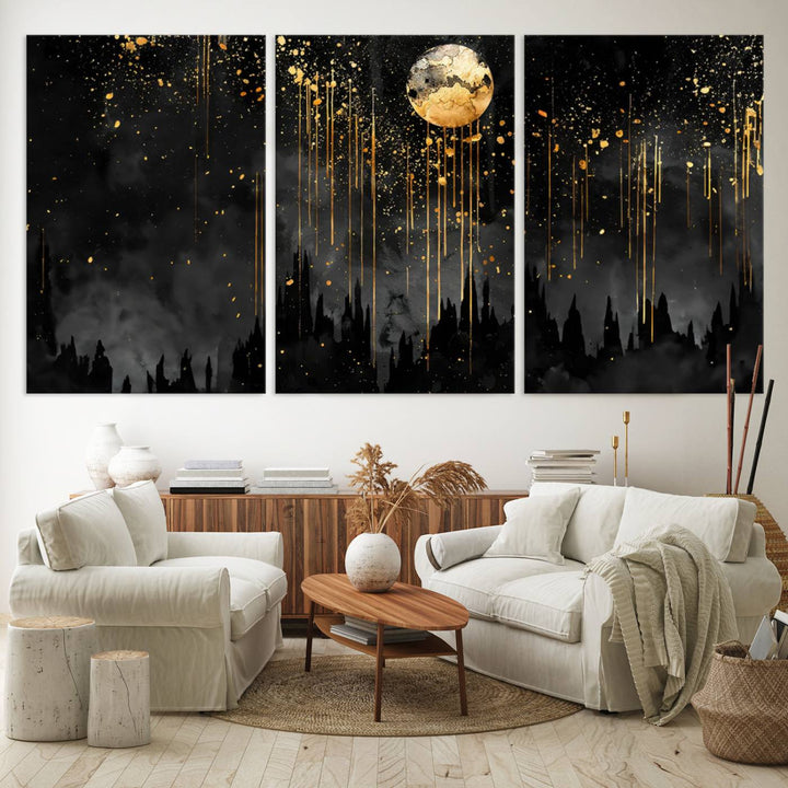 Gold Moon and Black Skyline Abstract Wall Art | Dark Modern Canvas Print with Dripping Gold Accents | Triptych Contemporary Homes