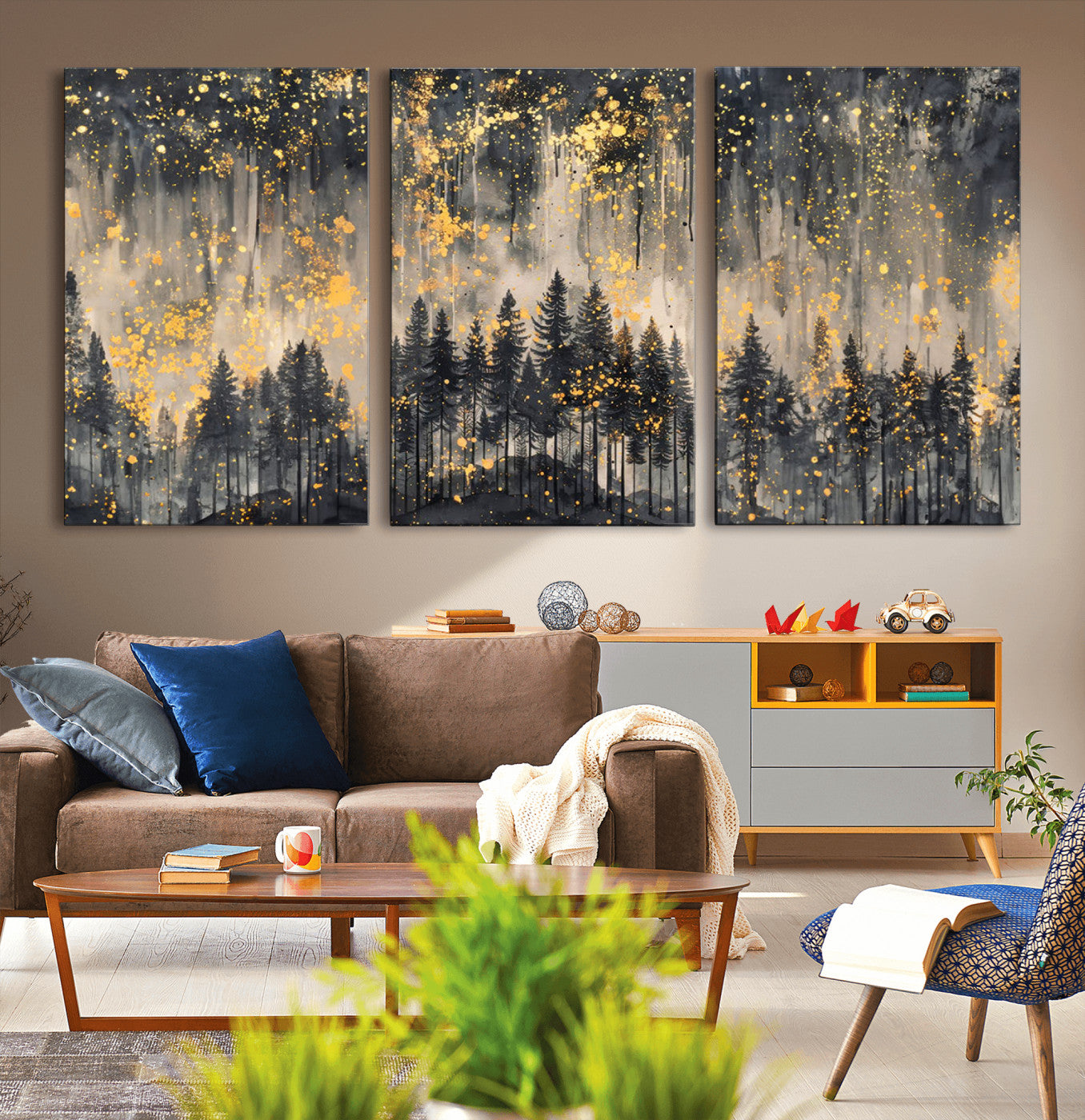 -Golden Forest Abstract Wall Art | Dark Forest with Gold Splatter Accents | Triptych Ready to Hang