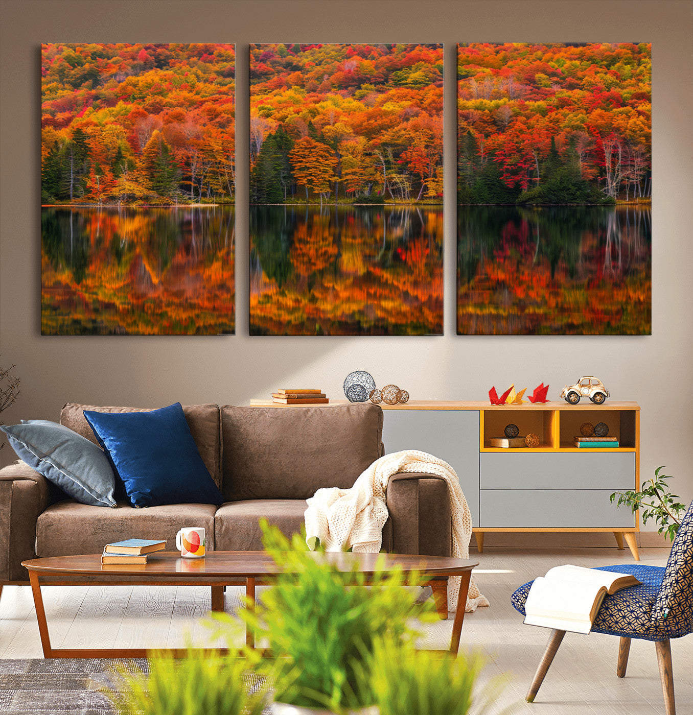 MGV-CV-60X30-3P - Fall Foliage Wall Art - Autumn Reflection Canvas Print, Stunning Fall Foliage Wall Art, Serene Lake