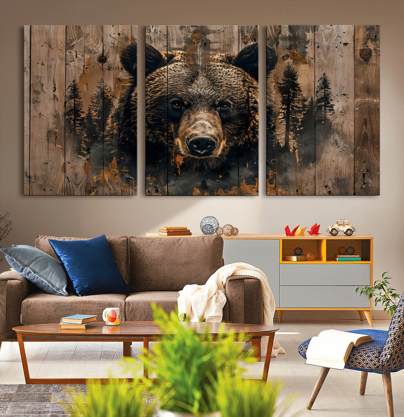 76998-MGV-CV-36X24-Rustic Grizzly 399 Wall Art | Triptych Canvas Print | Rustic Cabin Wall Decor | Perfect for