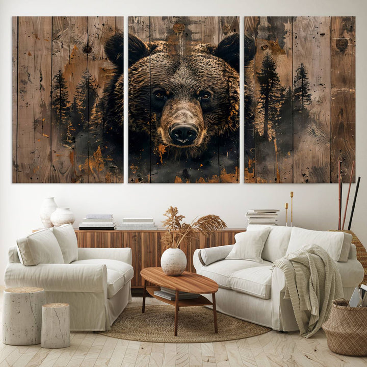 Rustic Bear Wall Art | Triptych Canvas Print | Rustic Cabin Wall Decor | Forest-Inspired Animal Art | Perfect for Farmhouse or Woodland Print