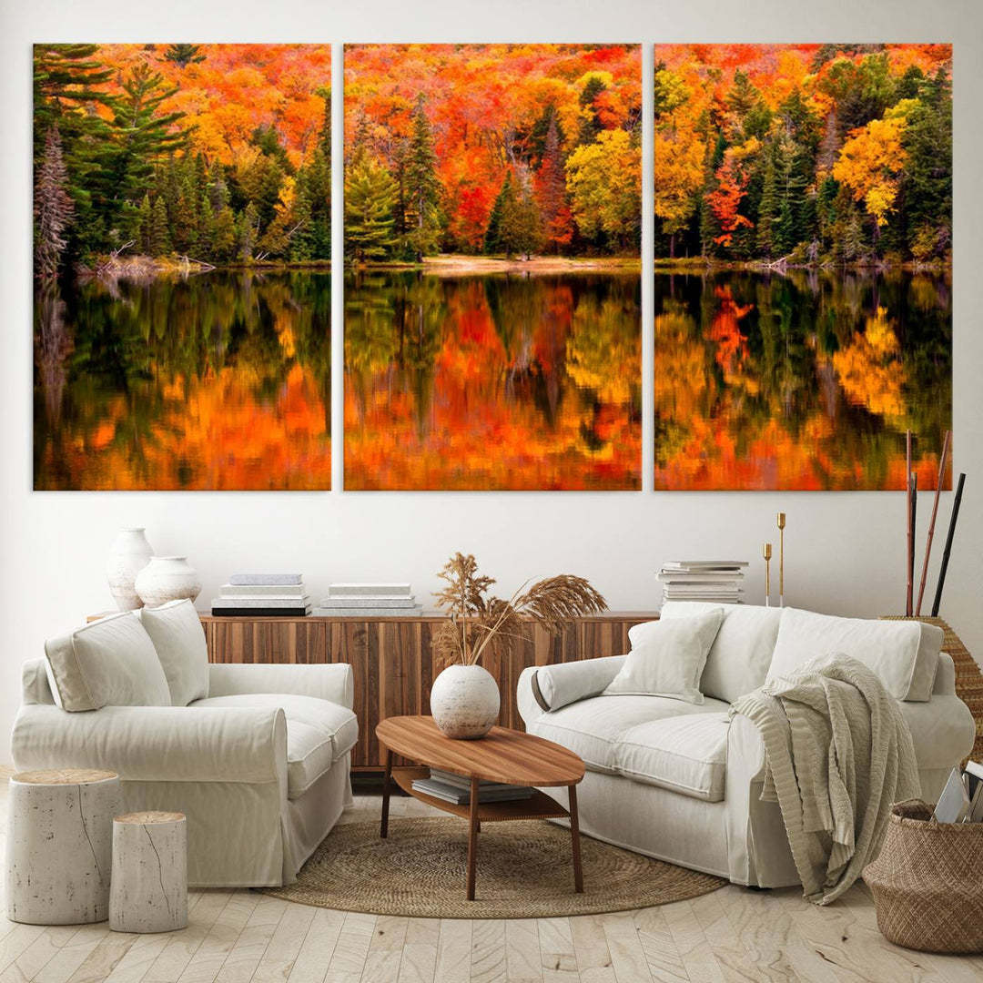 Autumn Forest Reflection Wall Art | Triptych Canvas Print | Vibrant Fall Foliage Wall Decor | Nature-Inspired Cabin Wall Art for Living Room