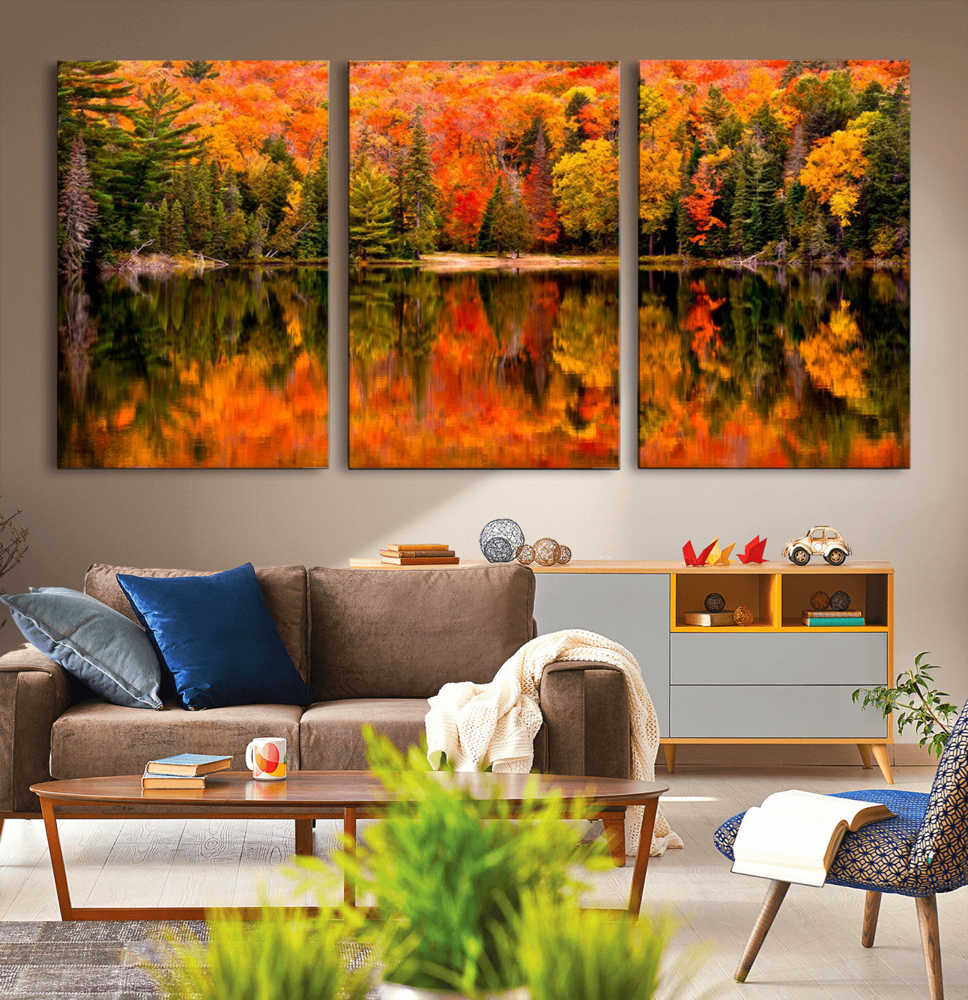 MGV-CV-60X30-3P - Forest Reflection Art | Autumn Forest Reflection Wall Art | Triptych Canvas Print | Vibrant Fall