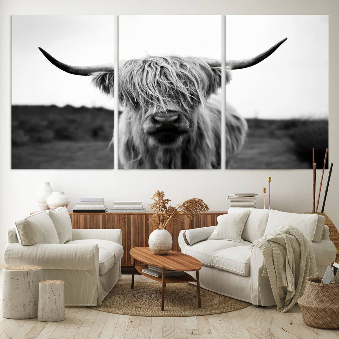 Highland Cow Wall Art | Black and White Farmhouse Decor | Ready to Hang Triptych Canvas Print | Rustic Barn Decor | Scottish Highland Cattle Art Print