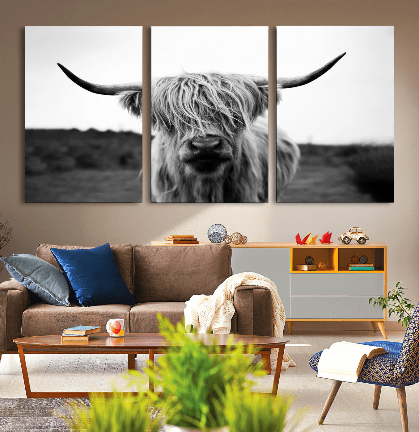 MGV-CV-60X30-3P - Highland Cow Wall Art | Black and White Farmhouse Decor | Triptych Canvas Print | Rustic Barn Decor