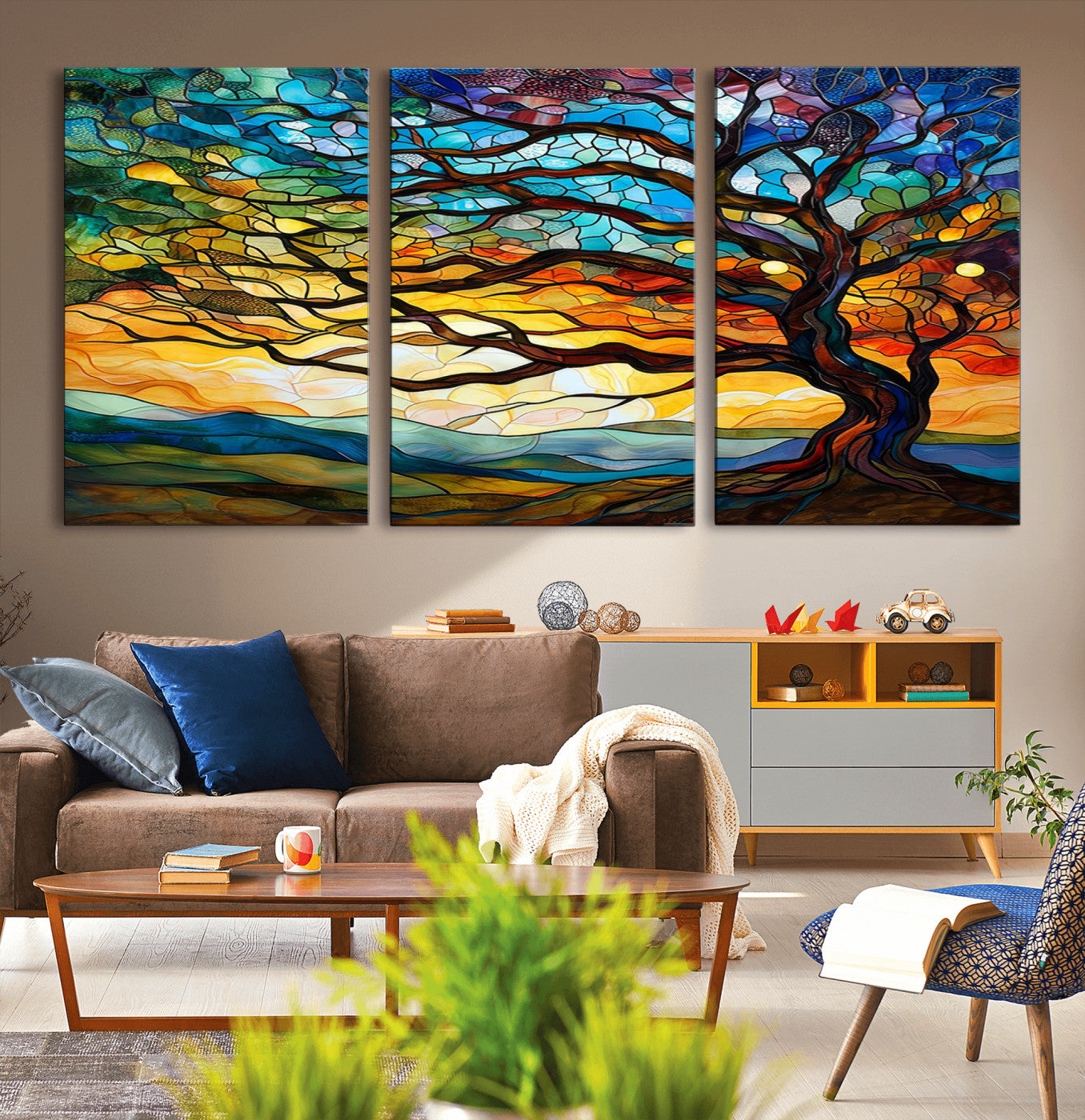 MGV-CV-60X30-3P - Vibrant Mosaic Tree of Life Wall Art | Stained Glass Style Canvas Print | Ready to Hang Artistic