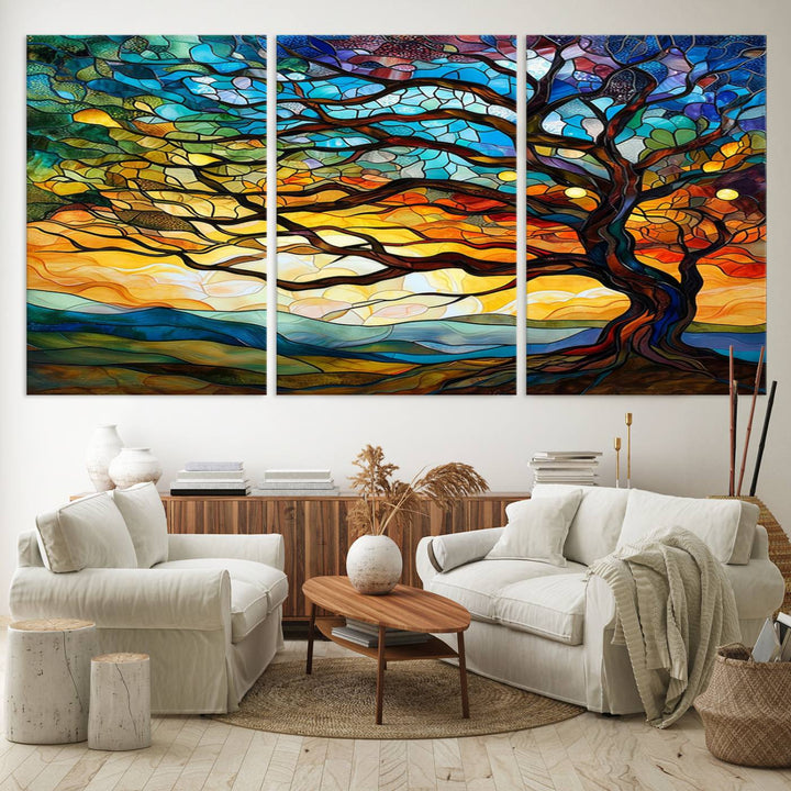 Vibrant Mosaic Tree of Life Wall Art | Stained Glass Style Canvas Print | Ready to Hang Artistic Decor